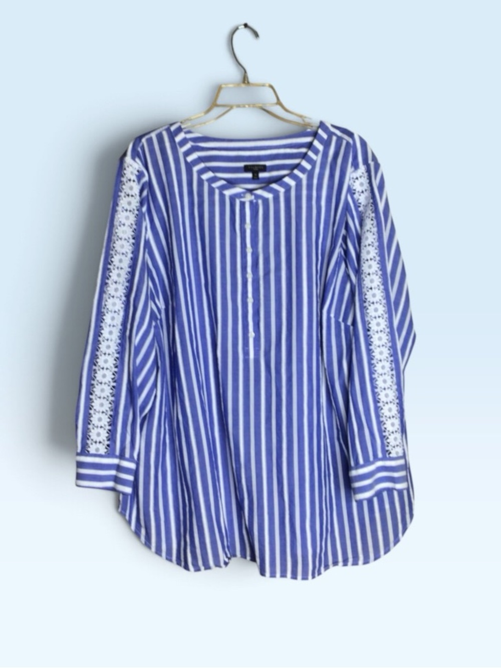 Talbots Woman 3X Blue White Striped Cotton Tunic Blouse Lace Sleeve